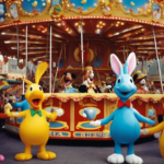 An image of a colorful carnival filled with laughter, featuring six iconic cartoon characters: a mischievous rabbit juggling pies, a clumsy moose slipping on a banana peel, a wacky duck in a hilarious dance-off, a sneaky cat trapped in a bubble, a goofy dog playing pranks, and a silly piglet rolling in laughter