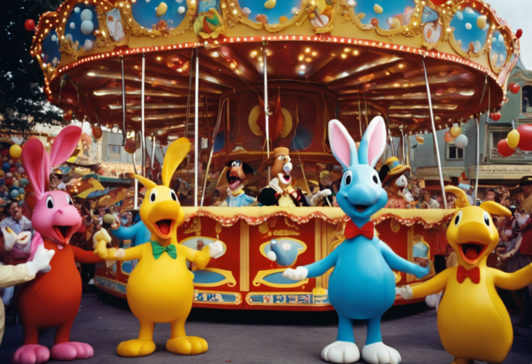 An image of a colorful carnival filled with laughter, featuring six iconic cartoon characters: a mischievous rabbit juggling pies, a clumsy moose slipping on a banana peel, a wacky duck in a hilarious dance-off, a sneaky cat trapped in a bubble, a goofy dog playing pranks, and a silly piglet rolling in laughter