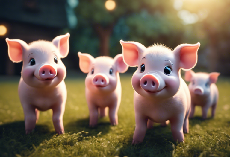 An image showcasing a group of irresistibly cute cartoon pigs, each with expressive eyes, rosy cheeks, and curly tails, captivating the audience with their playful antics and stealing hearts effortlessly
