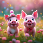 E a vibrant scene where two adorable pink pig characters playfully frolic in a blossoming meadow, wearing charming accessories like bows and hats, while surrounded by a palette of soft pastel hues