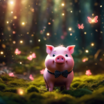 An image capturing the whimsical world of 'The Mysterious Adventures of Pinky the Pig': a curious, pink piglet with a polka-dotted bowtie tiptoeing through an enchanted forest, surrounded by mischievous fairies and sparkling fireflies