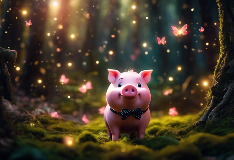 An image capturing the whimsical world of 'The Mysterious Adventures of Pinky the Pig': a curious, pink piglet with a polka-dotted bowtie tiptoeing through an enchanted forest, surrounded by mischievous fairies and sparkling fireflies