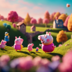 An image depicting a whimsical landscape with vibrant pink hues, showcasing iconic cartoon characters like Peppa Pig, Miss Piggy, and Porky Pig, exuding humor and charm as they frolic and engage in playful antics