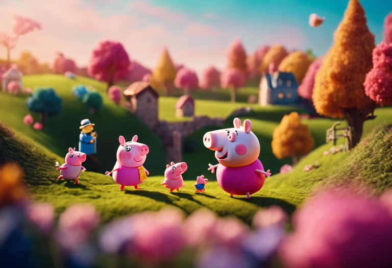 An image depicting a whimsical landscape with vibrant pink hues, showcasing iconic cartoon characters like Peppa Pig, Miss Piggy, and Porky Pig, exuding humor and charm as they frolic and engage in playful antics