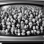 An image showcasing a black-and-white TV screen with a group of animated characters bursting into laughter