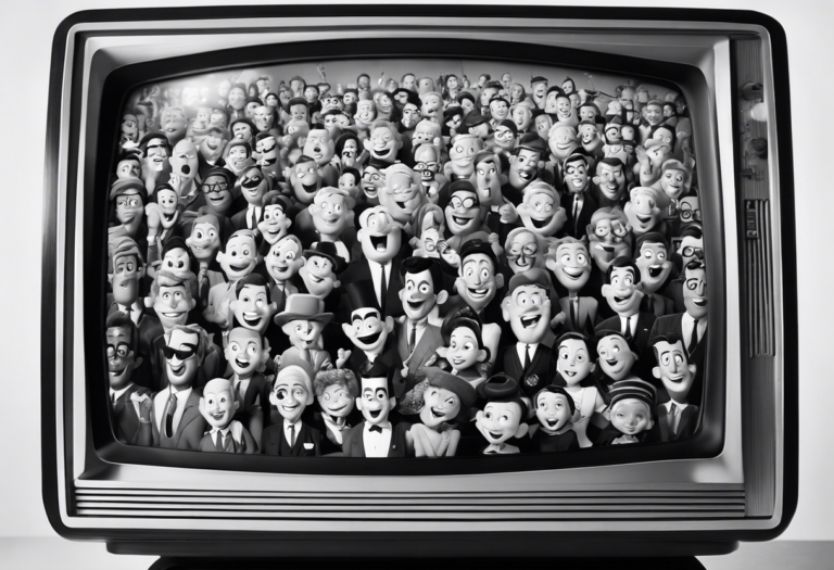An image showcasing a black-and-white TV screen with a group of animated characters bursting into laughter